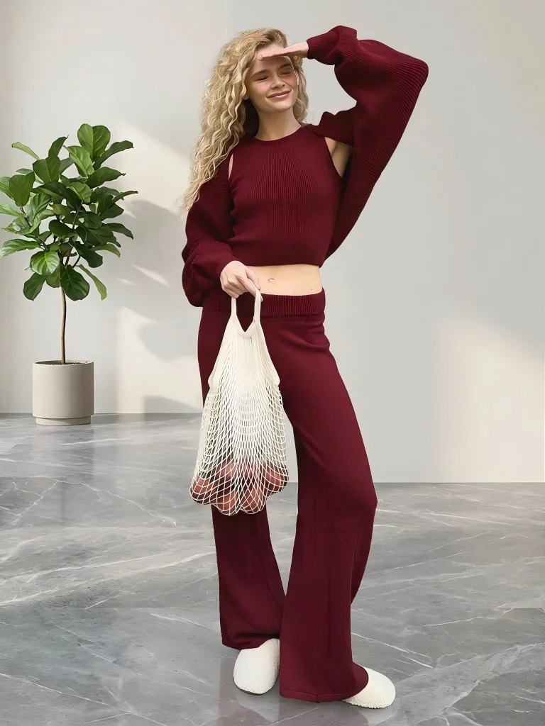 Wolfeel Women's Knitted Three Piece Ribbed Sleeveless Crop Top Long Sleeved and Long Pants Set Suitable for Casual Daily Wear