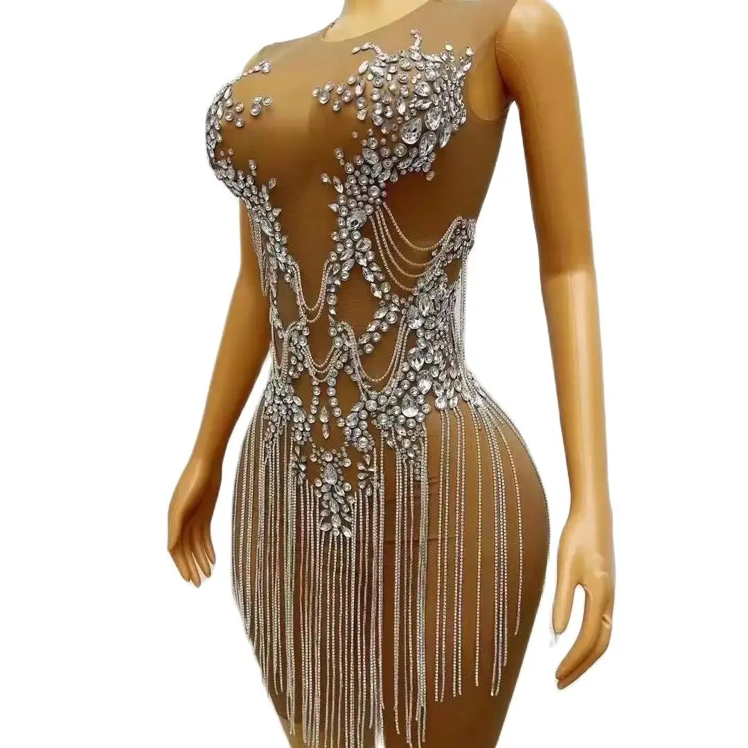 New Arrival Sexy See Through Women Birthday Party Gowns Halter Luxury Sparkly Silver Diamond Black Girl Short Prom Dress 2024