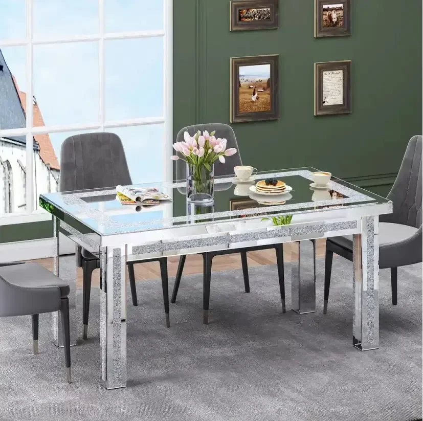 Elegant Mirrored Dining Table, Crushed Diamond Top 4 Legs for Dining Room（15 Days Make）