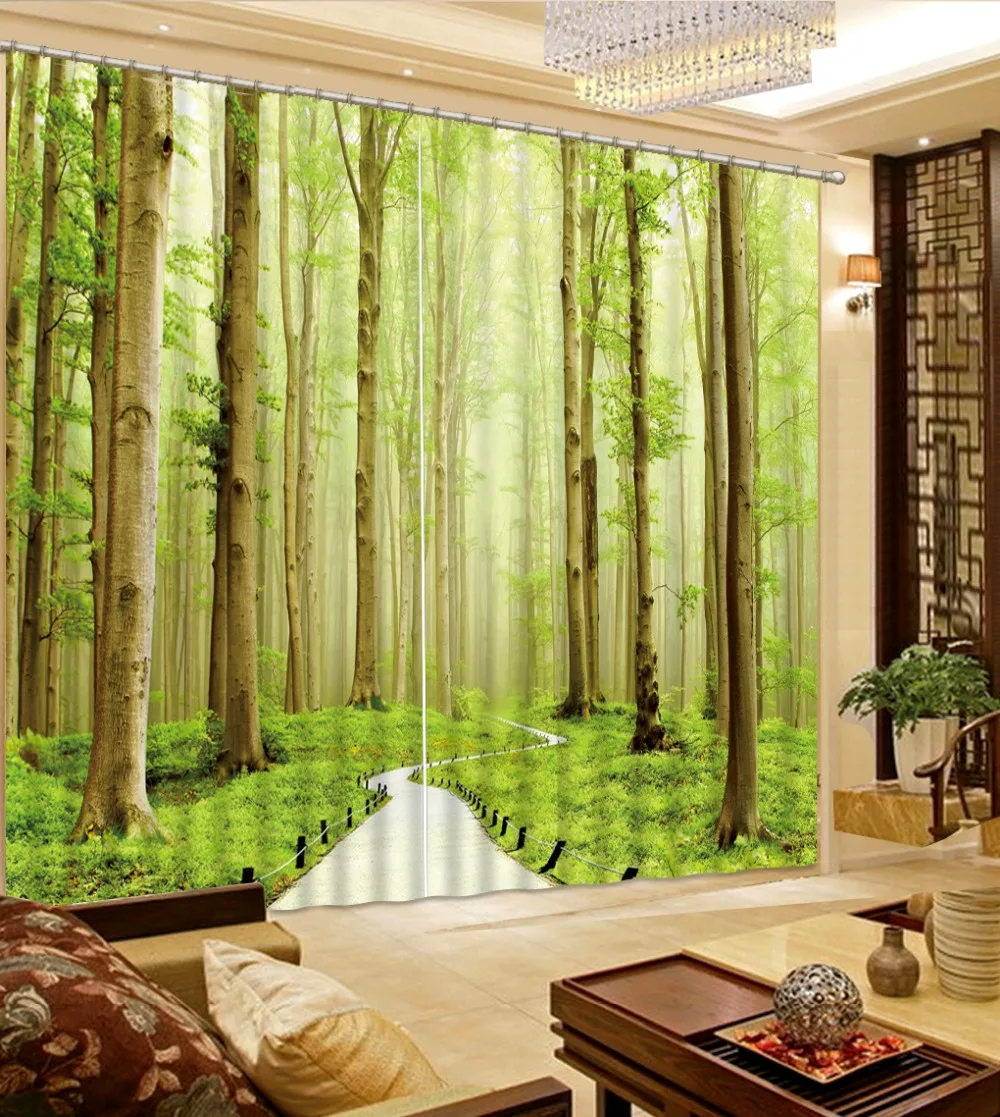 High Quality Waterproof living Curtain green forest curtains Waterproof Thickened Polyester