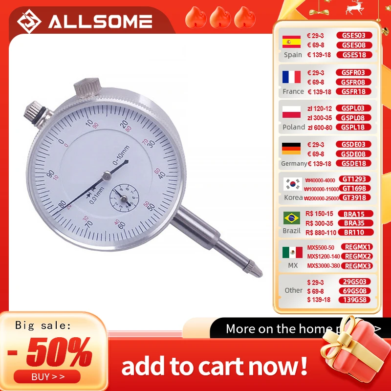 ALLSOME 10/0.01mm Micrometer Measurement Instrument Round Dial Indicator Gauge Vertical Contact Digital Mikrometer HT1605