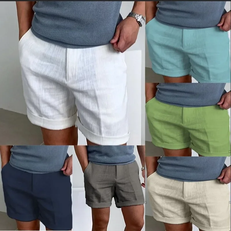 Pantalones cortos de lino para hombre, Shorts informales con bolsillo Diagonal, Color sólido, cómodos, transpirables, para deportes al aire libre