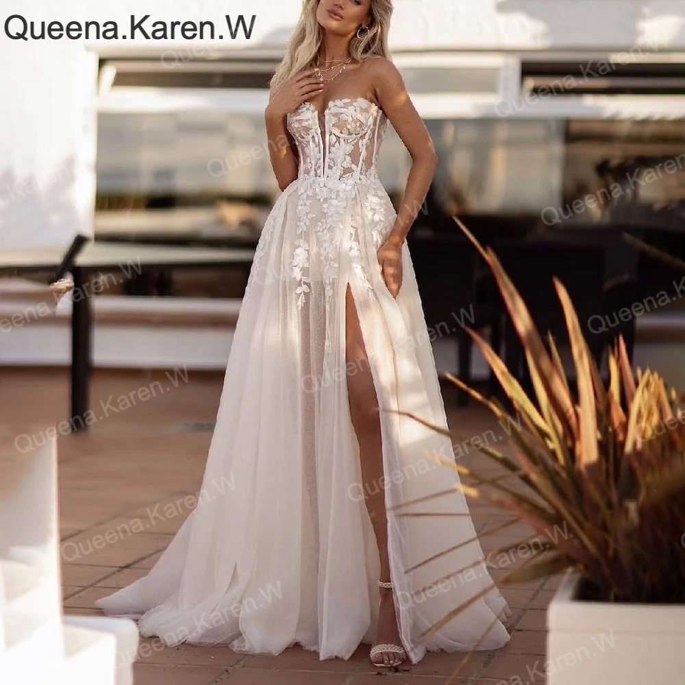 

Elegant Boho A line Wedding Dress strapless lace applique bride dress robe de mariee A line Wedding Bridal Gown