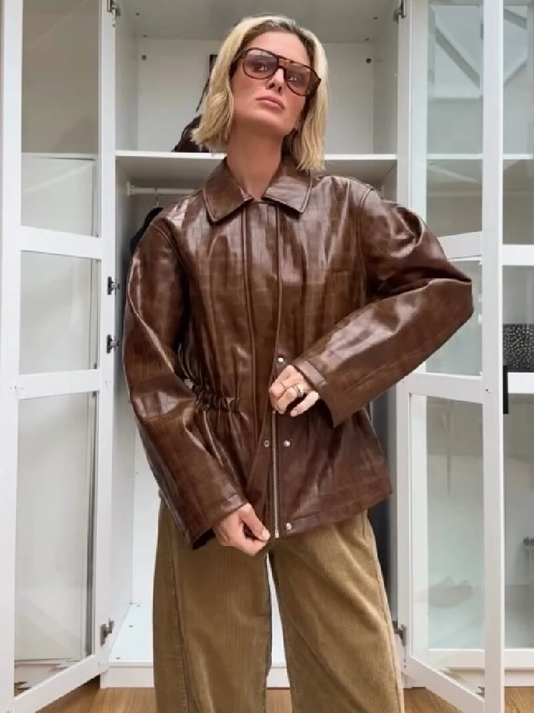 Fashion Crocodile Print PU Leather Jacket Trend Lapel Collar Snap Button Flare Sleeve Coat Lady Autumn Daily Streetwear 2026 New
