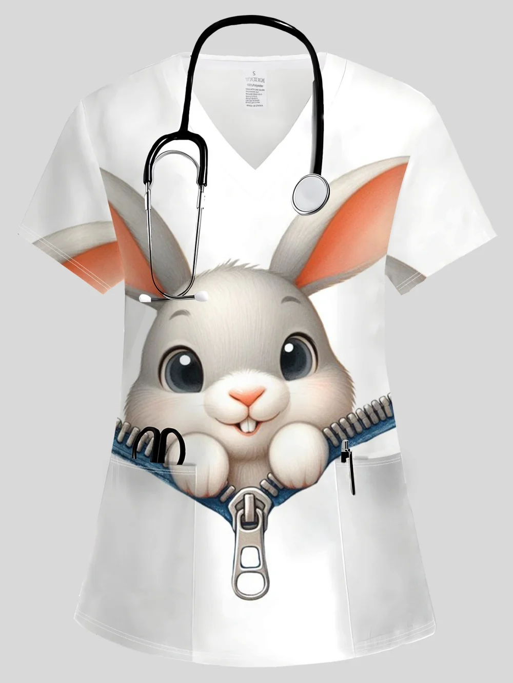 uniforme-clinico-feminino-com-estampa-tematica-de-pascoa-blusa-elegante-de-verao-com-decote-em-v-e-mangas-curtas-com-bolsos-uniforme-para-dentistas