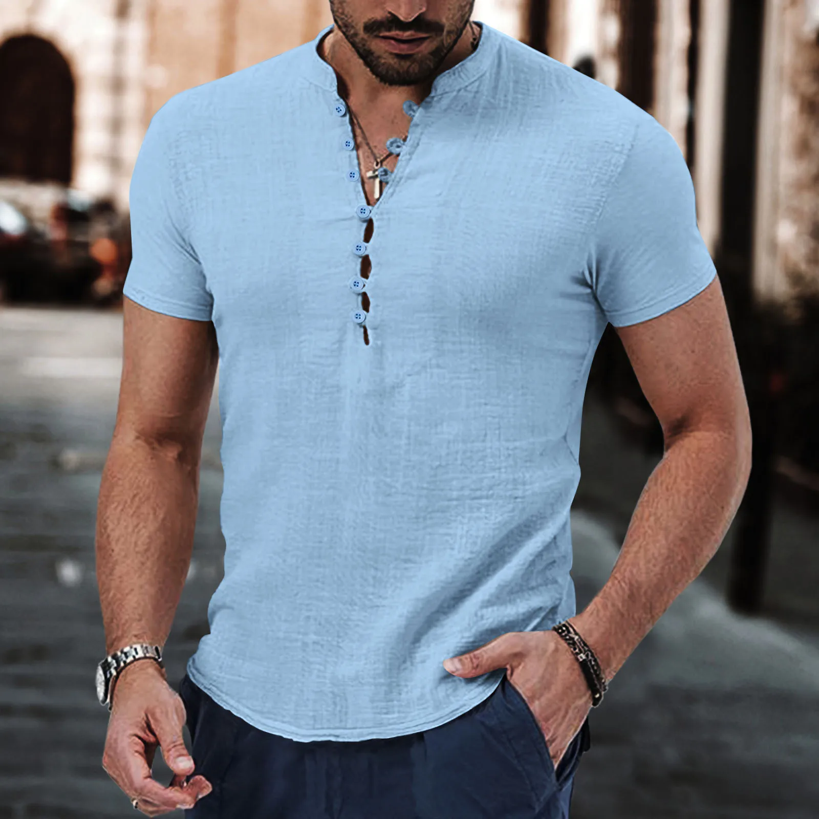 Summer men's cotton and linen fashionable, high-end, comfortable, breathable, retro and comfortable short-sleeved clothing.
