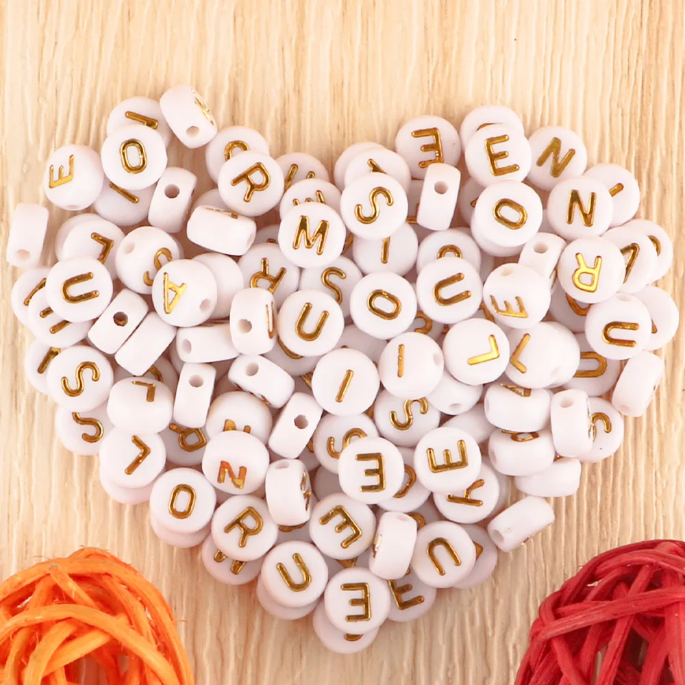 200-500pcs/Lot 7*7mm Acrylic Round White Background Gold Letter Beads For DIY Necklace Keychain Bracelet Handmade Products