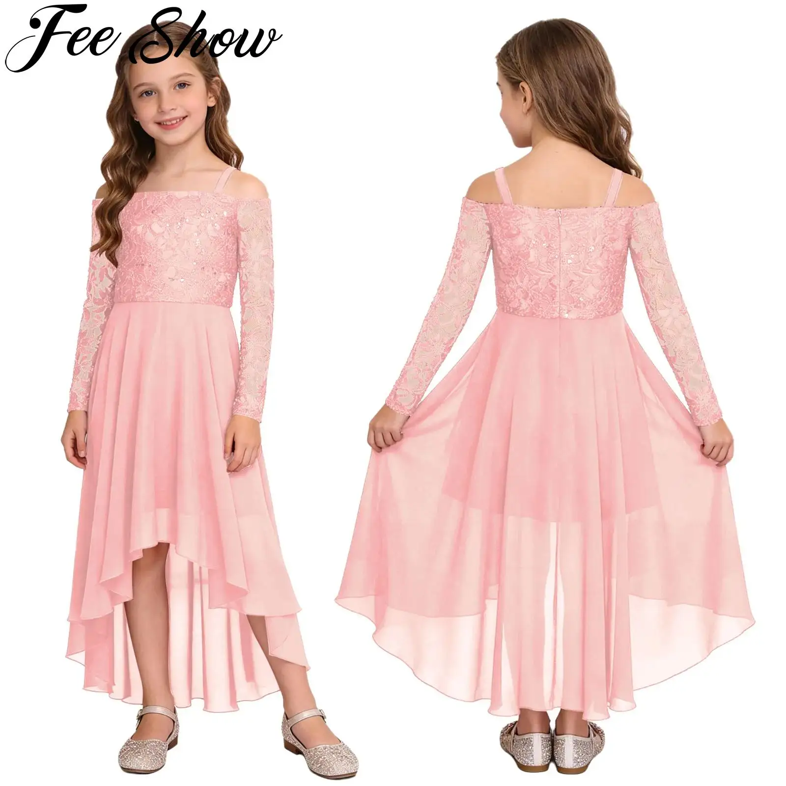 Teen Flower Girl Dress Embroidered Lace Cold Shoulder Chiffon Maxi Dresses Wedding Bridesmaid Gown for Birthday Pageant Party