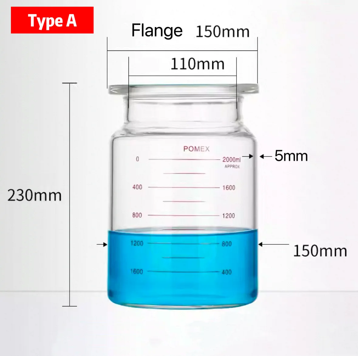2000mL Flat/Round Bottom Glass Open Reactor Flask, Single-layer Glass Reactor With Flat Bottom And Round Bottom,With scale-Pomex