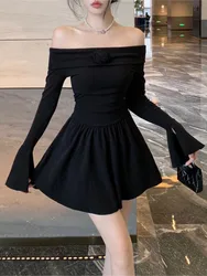 Autumn Sexy Slash Neck Black Short Dresses for Women Flare Sleeve High Waist A-line Korean Fashion Mini Vestidos Mujer New