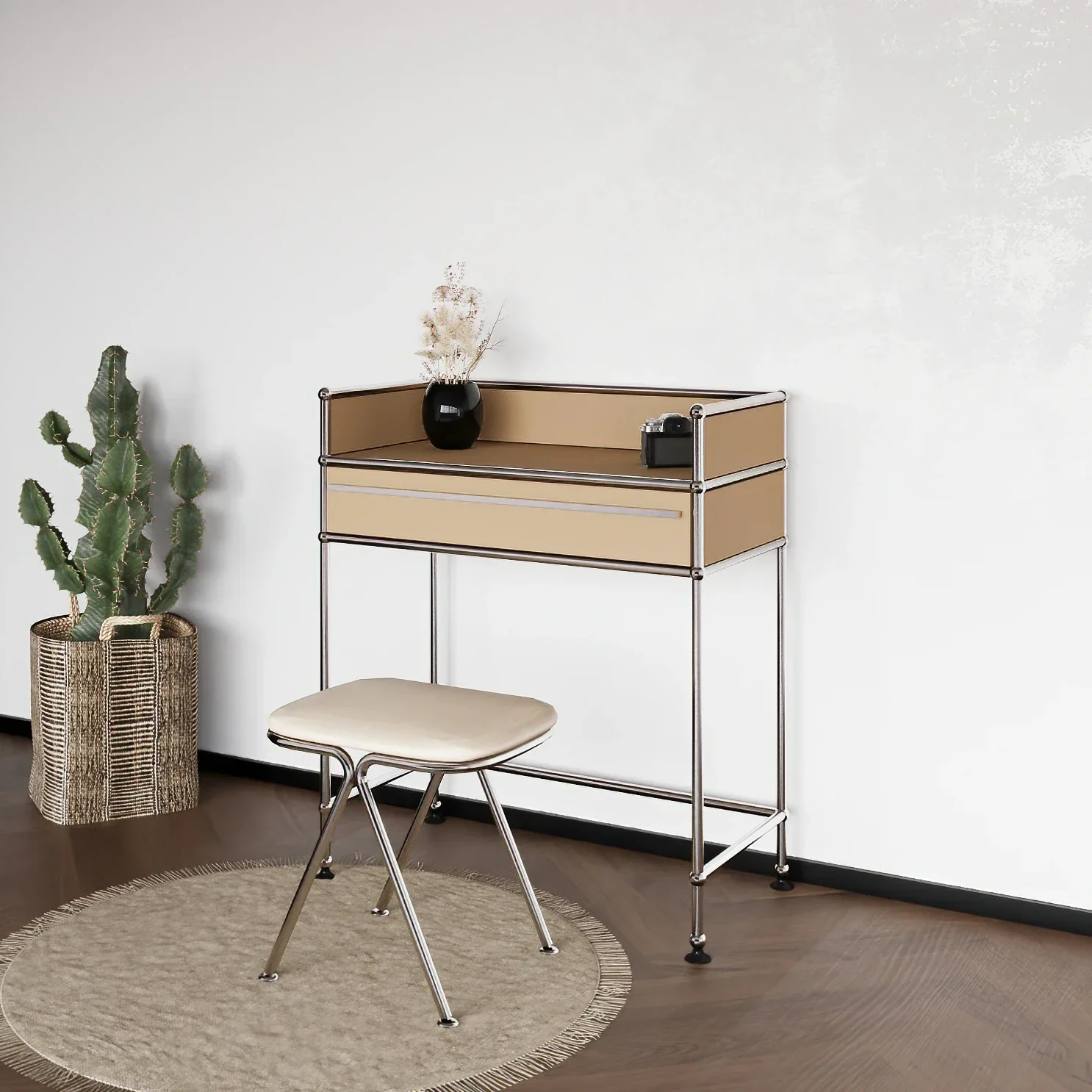 PW Y Medieval Girls Woman Dresser Drawers Bedroom Vanity Makeup Table Small Mirror Apartment Integrated Stool
