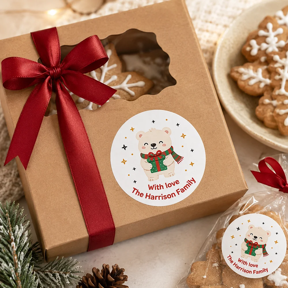 Christmas Cute White Bear Stickers - Customizable Text/Round Holiday Labels for Holiday Treats, Gifts, Decorations - Paper Stickers with White Bear Design