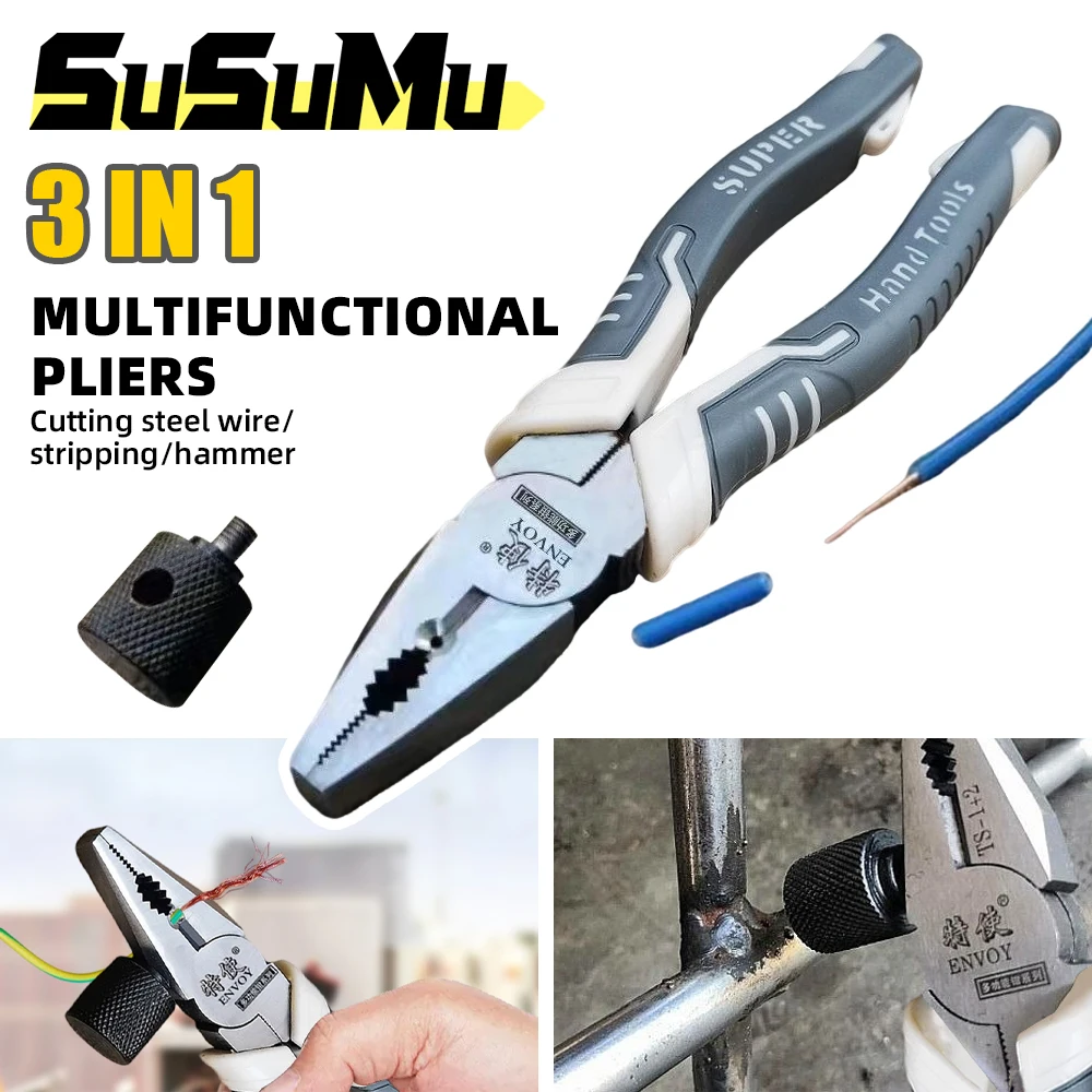 3 in1 Wire Stripper Cable Wire Stripper Cutter Multifunctional Electricians Maintenance Stripper Cable Crimper Plier with Hammer