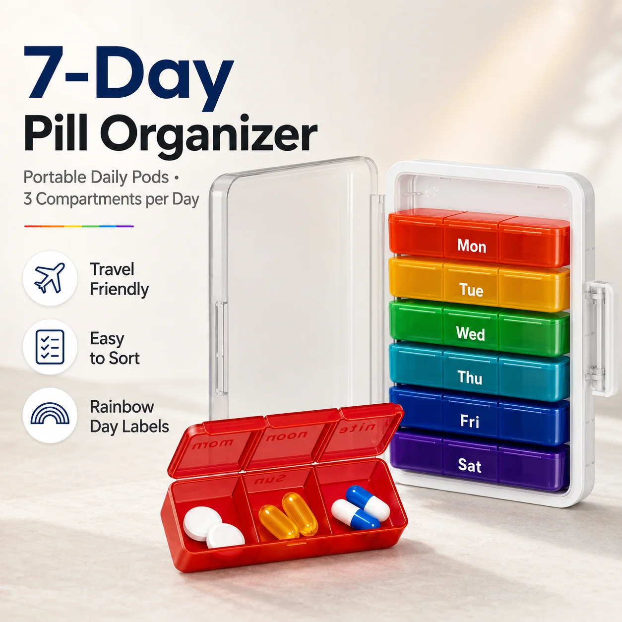 Joybos Portable Weekly Pill Box Organizer, Travel Vitamin Container with Pocket-Friendly Daily Cases, Color-Coded Snap-Lock Medicine Storage for 7 Days