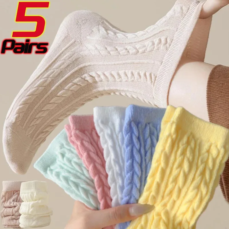 5 Pairs Warm Women's Socks New Winter Fashion Solid Color Fluffy Socks For Girls Home Thick Cute Floor Socks Kawaii Autumn Soft