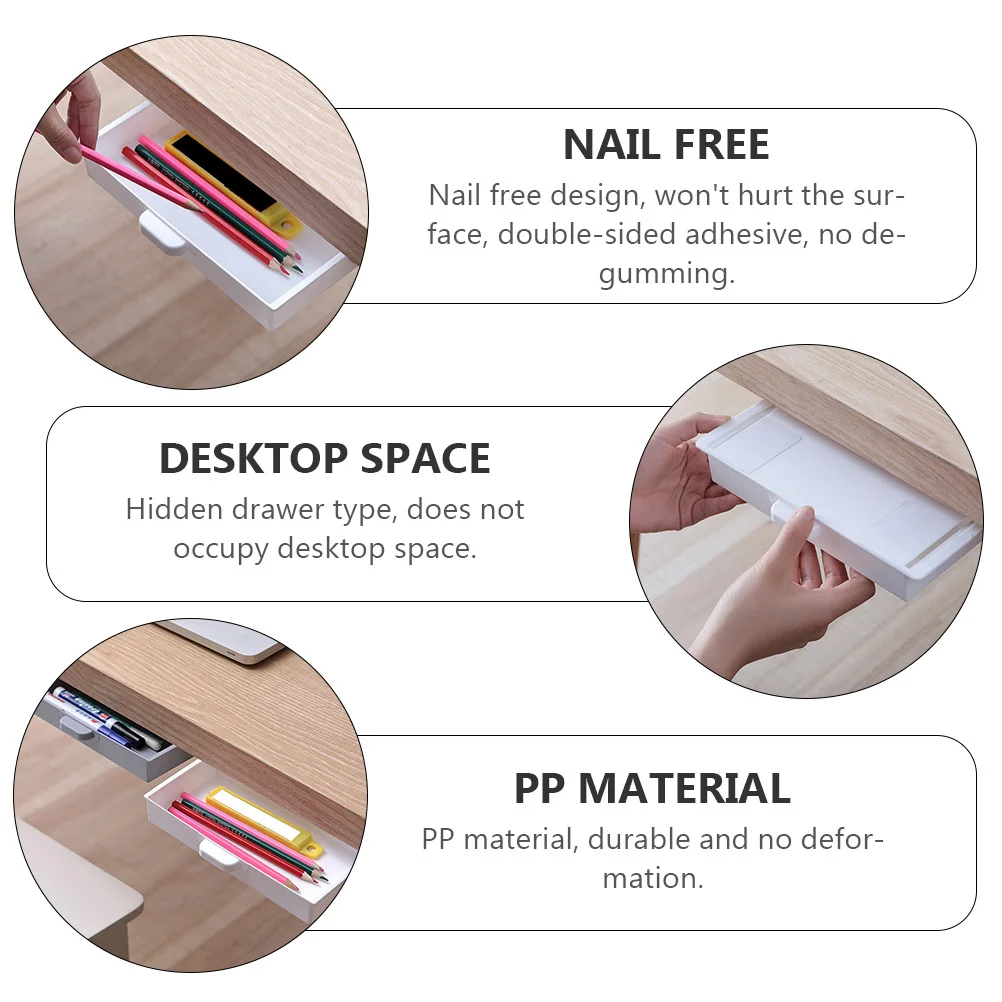 2pcs Adhesive Storage Boxes Pp Material Hidden Drawer Type Under Desk Pencil Organizers For Home Office Sundry Organizers