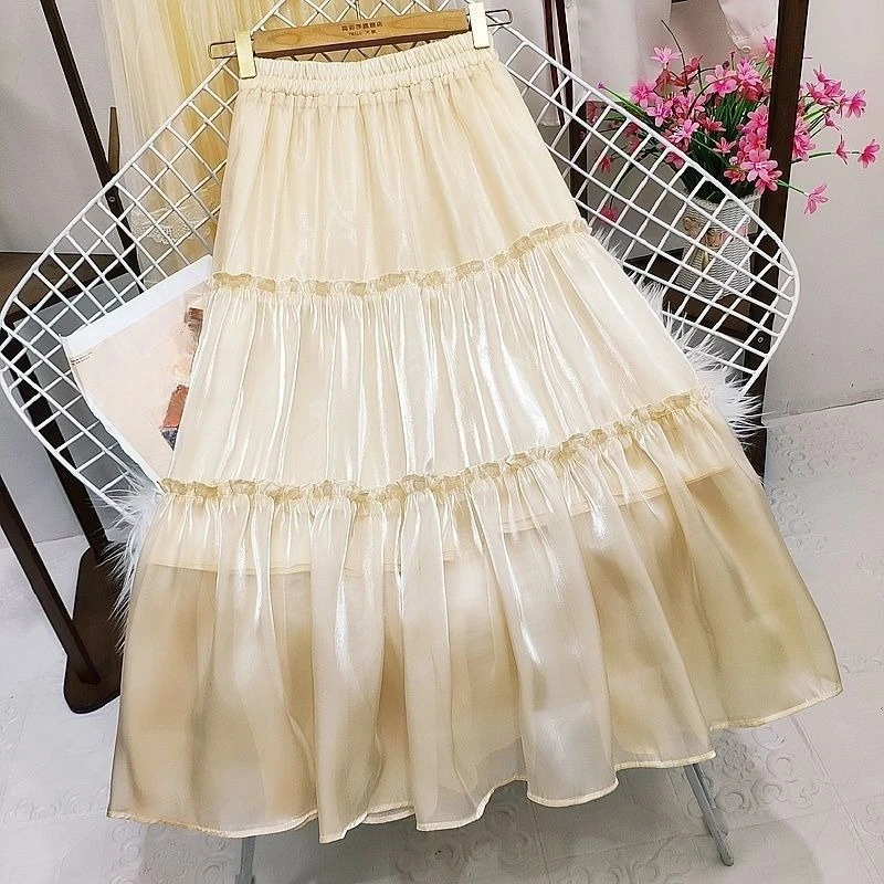 

Весенне-летняя женская эластичная длинная бежевая юбка трапециевидной формы с высокой талией и оборками, новые женские повседневные юбки 2025 года