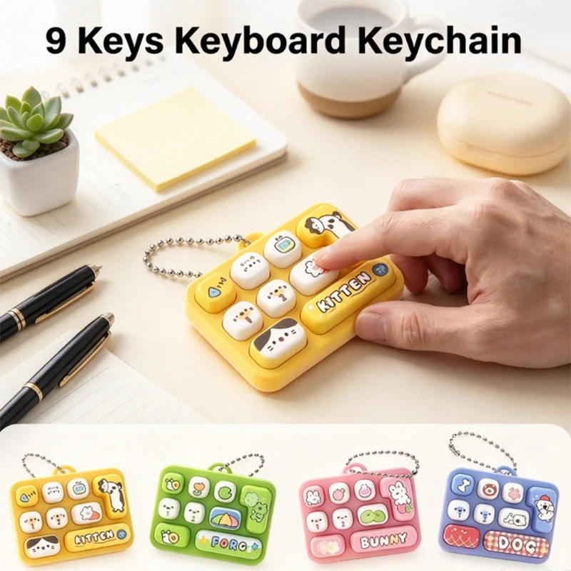 키캡 Mini Cute 9-Key Keycap Keyboard Keychain Portable Finger Press Button Toy Stress Relief Bag Charm Novelty Backpack Decor Gift