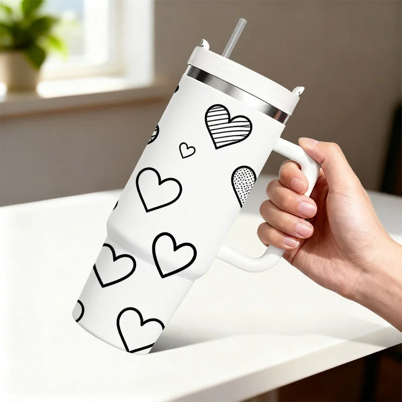 40 Oz Stainless Steel Double Wall Insulated Tumbler with Straw & Handle, Playful Assorted Black Heart Digital Print Sublimation Travel Mug, Keeps Drinks Hot 18H & Cold 36 H, Ideal for Daily Use, Holiday And Birthday Gift for Family And Friends