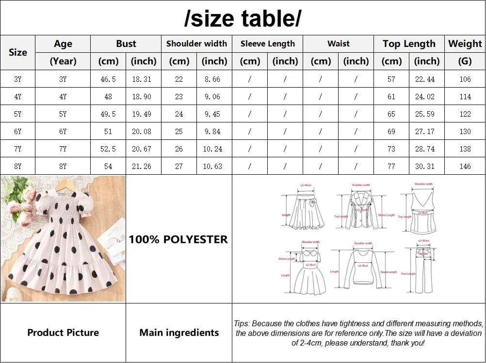 Baby Girls Summer Dress Elegant Princess Dresses 3 4 5 6 7 8 Years Old Short Sleeve Square Neck Round Dot