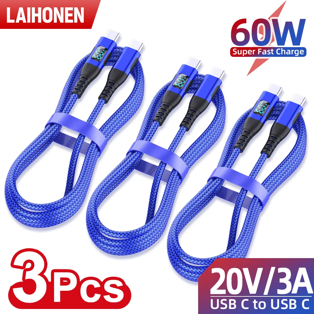 LAIHONEN USB C to USB C Cable 60W 3A PD Digital Display Nylon Braided Fast Charging Data Cord 3 Packs for iPhone 15 Samsung MacB
