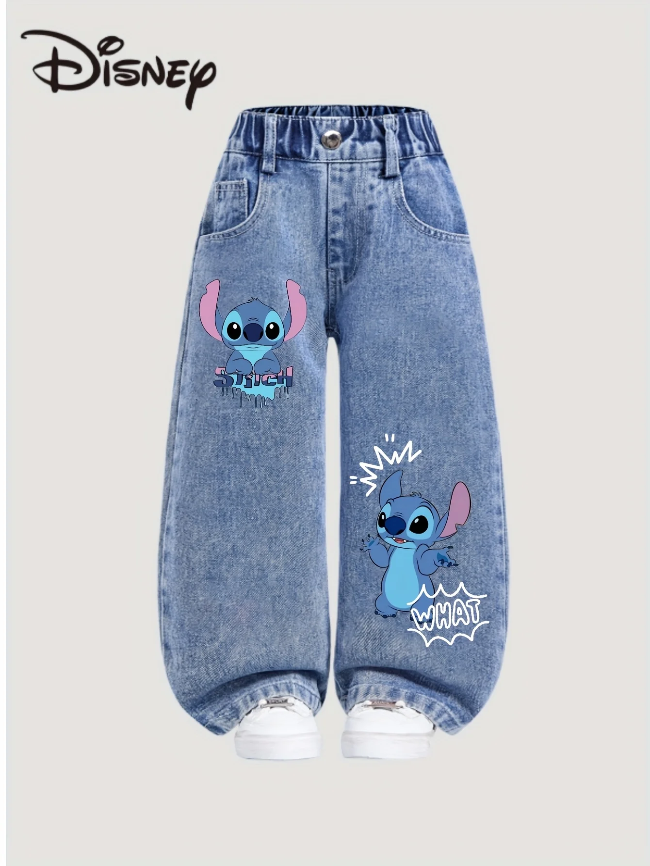 Disney Stitch Y2K Style Loose Straight Leg Jeans Girls Comfortable Year-Round Pants Full Elastic Waist Front Back Pockets，02
