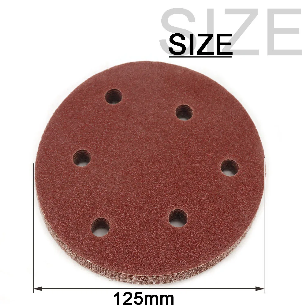 100 sztuk papier ścierny okrągły kształt tarcze szlifierskie 125mm Hook Loop papier ścierny polerowanie arkusz papieru ściernego 6 Hole Sander nakładka polerska