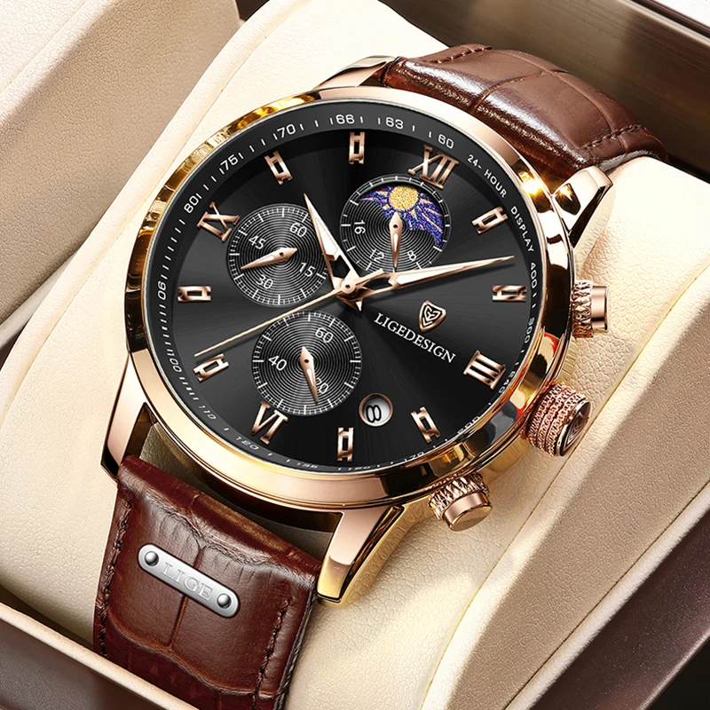 LIGE Men Watches 2023 New Fashion Leather Waterproof Luminous Top Brand Luxury Mens Quartz Wristwatch Men Relogio Masculino+Box