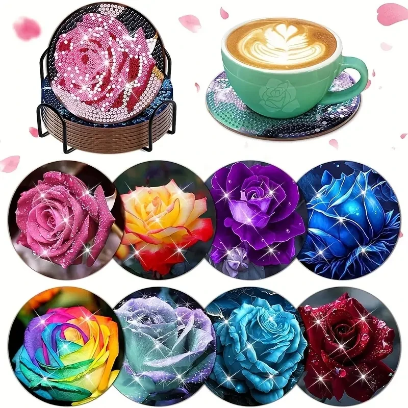 8-teiliges Set mit Rosen- und Diamantbemalung und Halter, DIY-Untersetzer für Anfänger und Erwachsene, Geschenke für Kunst- und Bastelbedarf