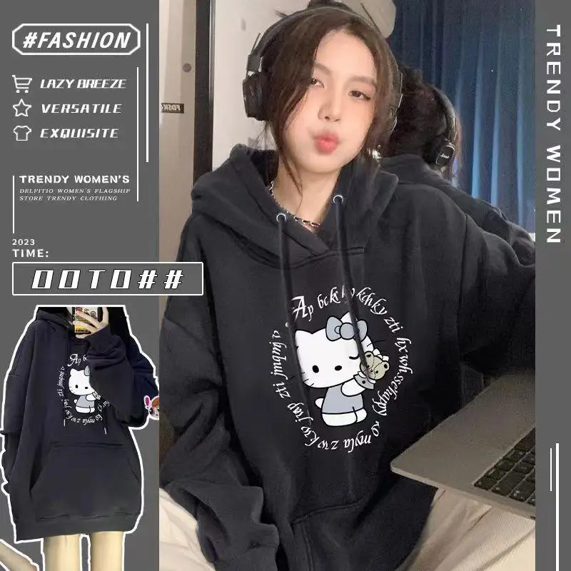 

Sanrio Y2K Hello Kitty Hoodie Oversized Couple Tops Anime Autumn Winter Plush Kawaii Cotton Sweatshirt Thicken Loose Trend