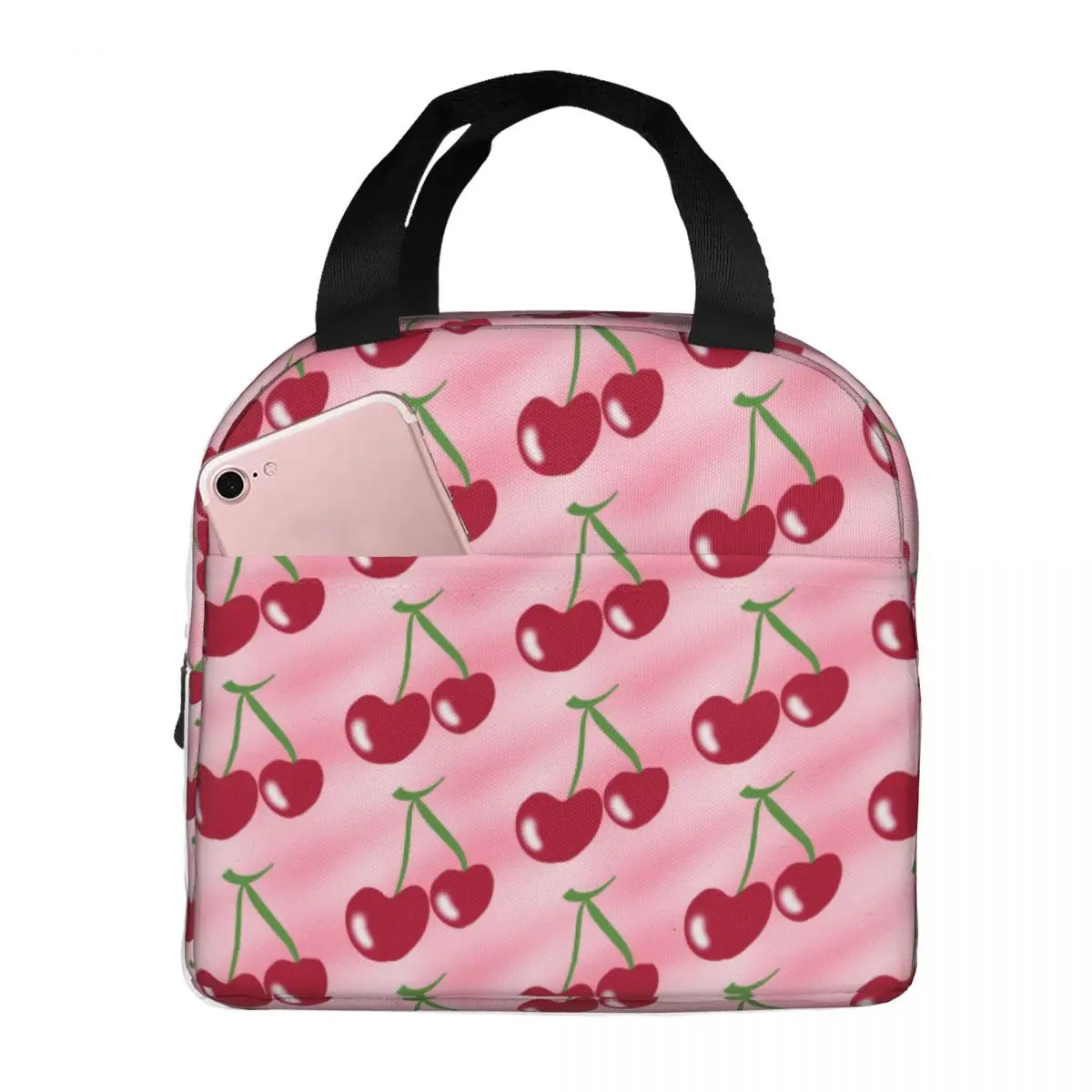 

Red Cherry Green Stems Pink Insulated Lunch Bag for Women Office Cooler Thermal Food Box Tote Portable Lunch Boxes Container