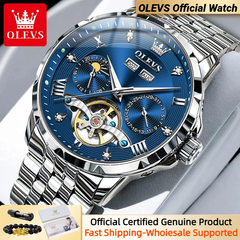 

OLEVS Men's Watch Luxury Tourbillon Lunar Phase Waterproof Stainless Steel Watch Brand Business Men's Automatic Mechanical Watch