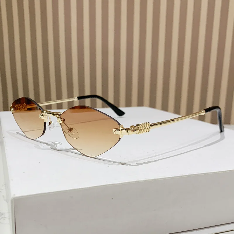 Frameless Stylish Diamond Sunglasses High-End Glasses Retro Polygonal Small Frame Sunglasses
