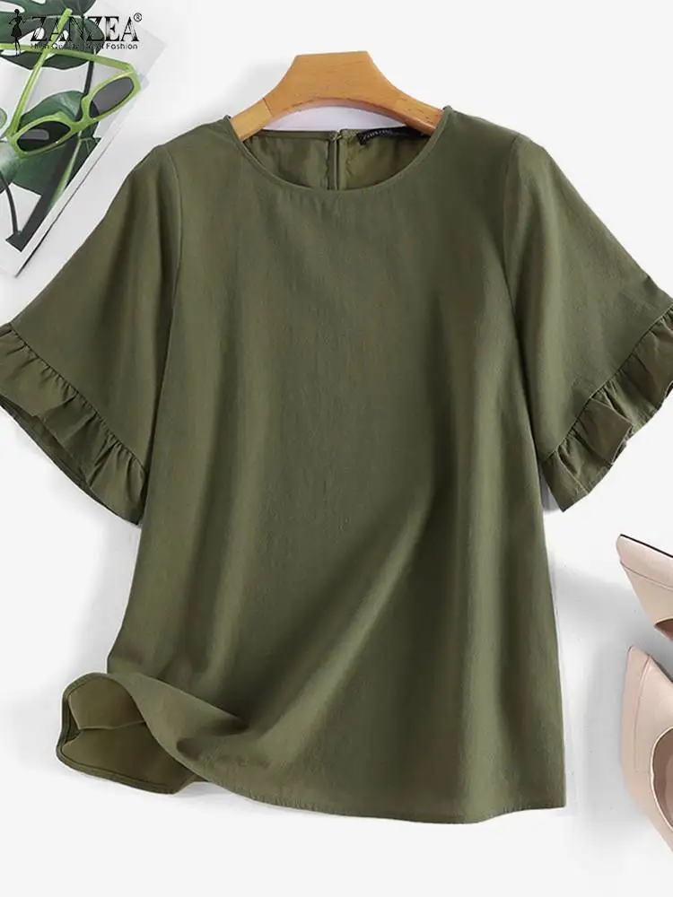 ZANZEA Elegant Women Short Sleeve Blouse Summer Fashion Tunic Tops Solid Loose Holiday Work Shirt Female Blusas Oversize Chemise