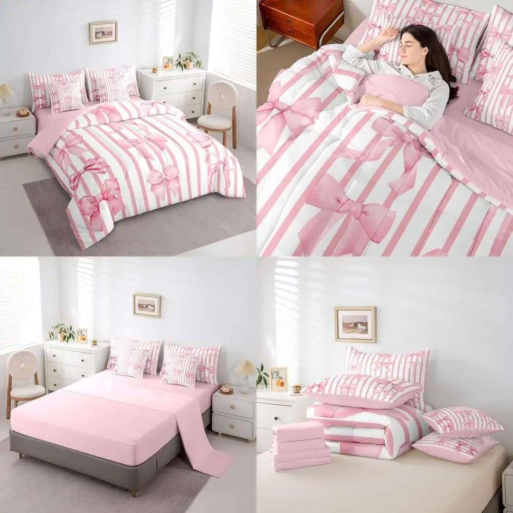 

7-Piece Striped Bow King Bedding Set with Sheets, Perfect for Teen Girls' Dreamy, Preppy, and Girly Bedroom Decor