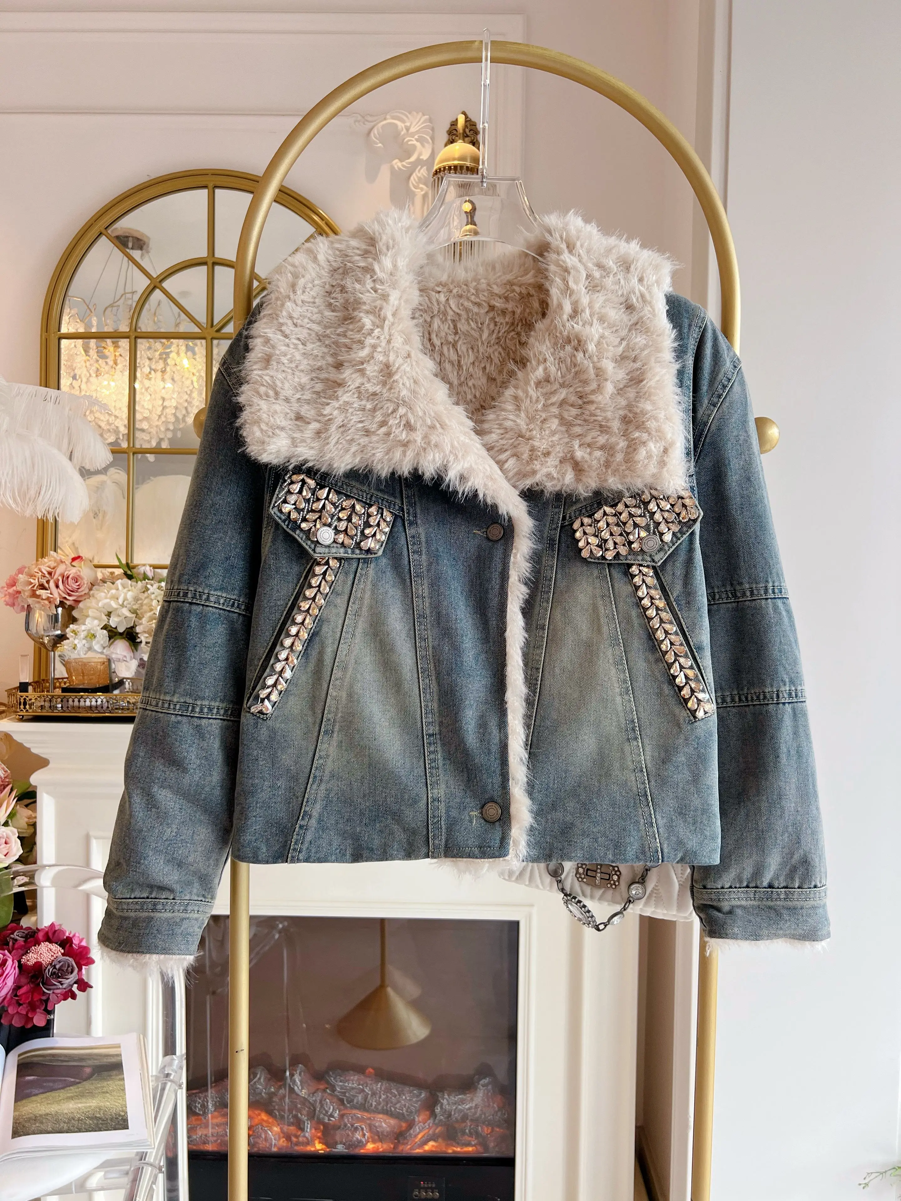 المرأة 2025 شتاء جديد كبير التلبيب الربط موضة الرجعية الدنيم الستر المرأة صوف مبطن سميكة حجر الراين معاطف السترة