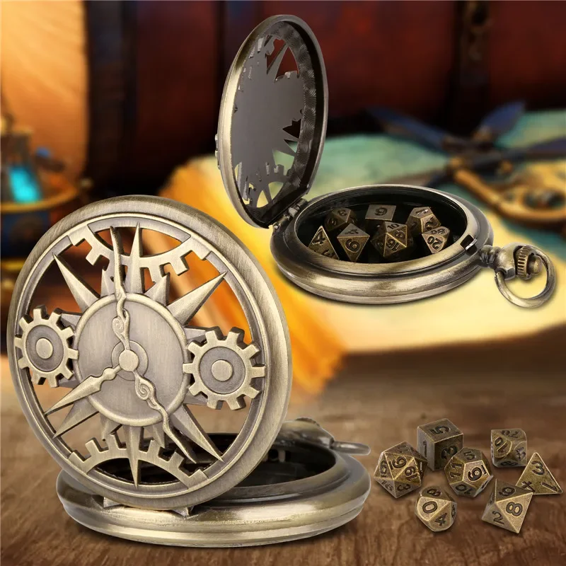 Steampunk Hollow Gear Cover Pocket Watch Case with 7pcs/set Metal Polyhedral Dices Pendant FOB Chain Gaming Accessory Gift
