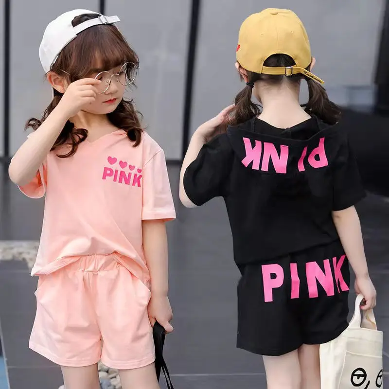 2024 fashion Girls Summer Suit New Child set Clothes Shorts pink heart hooded T-shirt + hot pant Teenager Kids 4 7 8 9 12 year