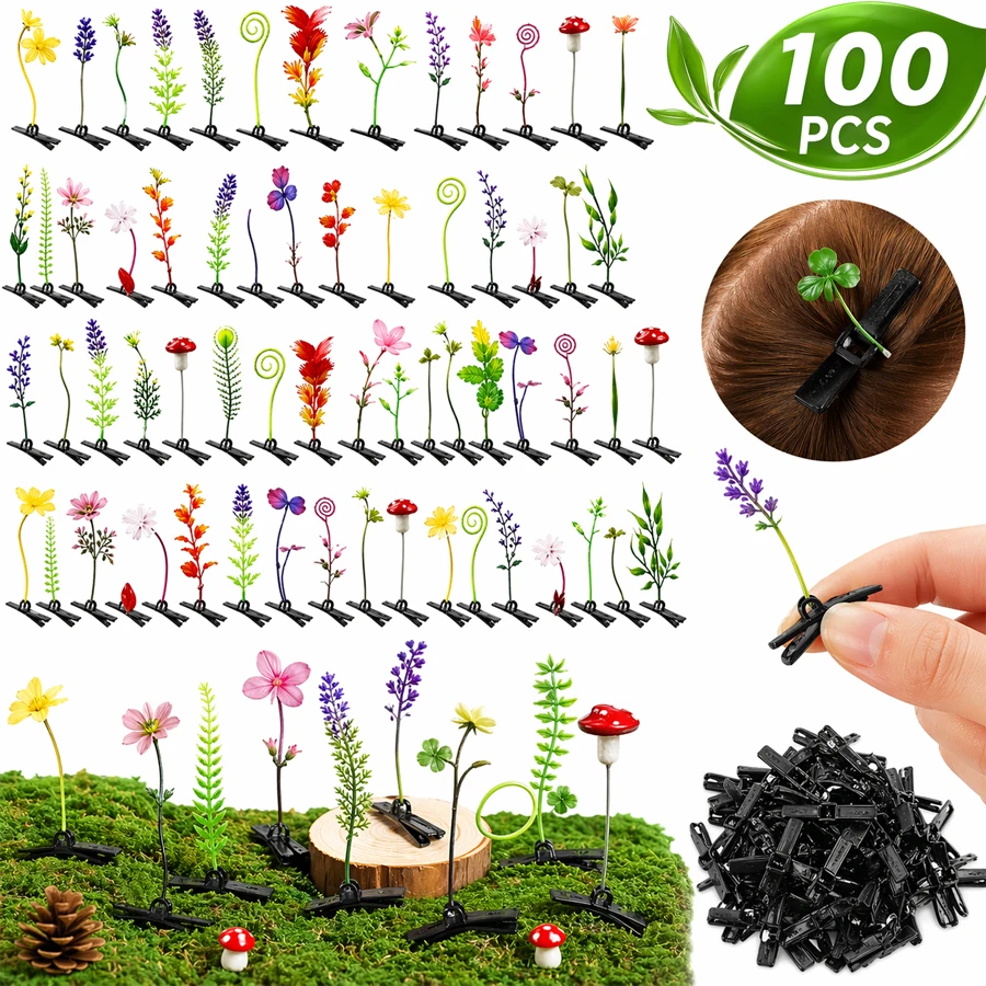 

100PCS - Women Grass Hair Clips, Mixed Styles Decorative Headwear, Fashionable and Quirky Flower & Plant Hair Clips