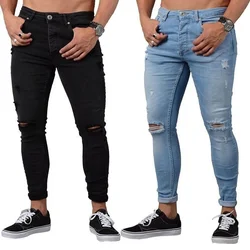 Pencil Pants Men Jeans Ripped Vintage Holes Ankle Length Denim Wash Solid Casual 2025 Pockets Slim Fit Distressed Punk Style