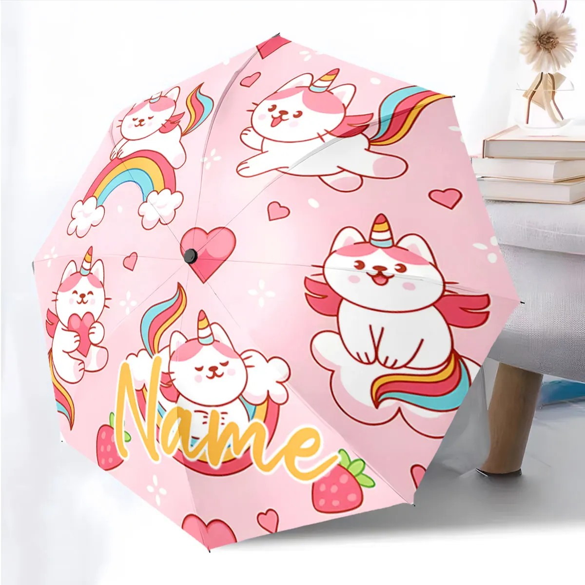 Custom Name Umbrella Unicorn Cat Rainbows Umbrella Delight Print 8 Iron Ribs Folding Umbrella Auto-Open Fashion Sunshade