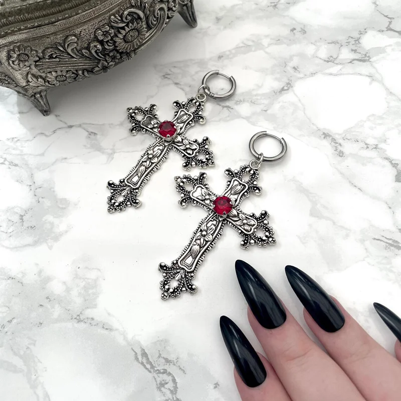 Gothic Large Silver Colour Tone Jewel Cross Earrings with Black Red Punk Hallowmas Jewellery Gorgeous Wedding Statement Women image 3