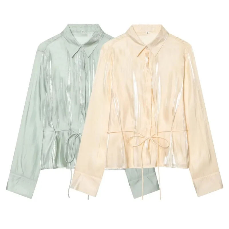 

Женская рубашка с эффектом металлик и поясом, весна-лето 2026, с длинным рукавом, с оборками по низу, женская блузка и топ