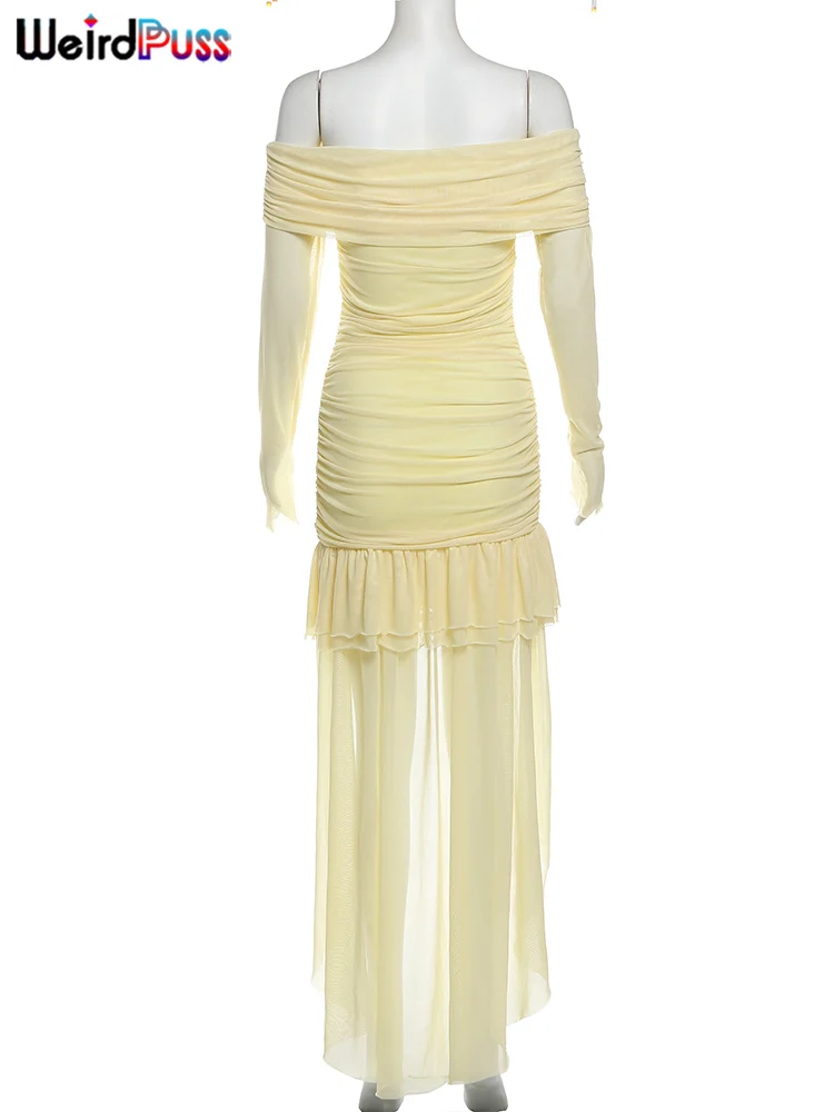 Strano gatto elegante abito sexy abito da donna slash neck orlo irregolare nappa laterale festa di compleanno manica intera increspato mini aderente