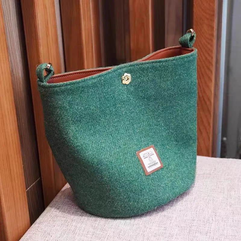 Fashion Tweed Bucket Bag Causal Korean Women Carrying Bag Niche One Shoulder Portable Underarm Bag