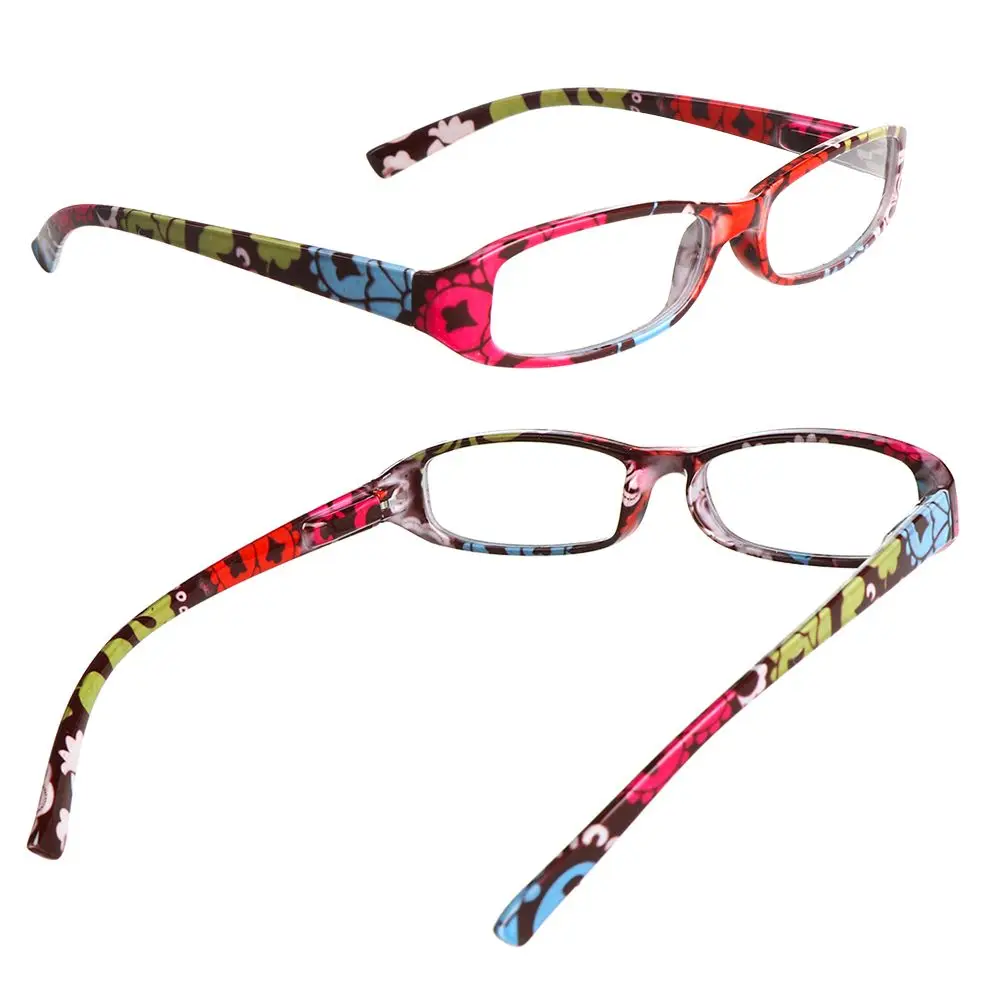 New Fashion Women Flower Print Resin Reading Glasses Spring Hinge Rectangular Presbyopic Matching Pouch