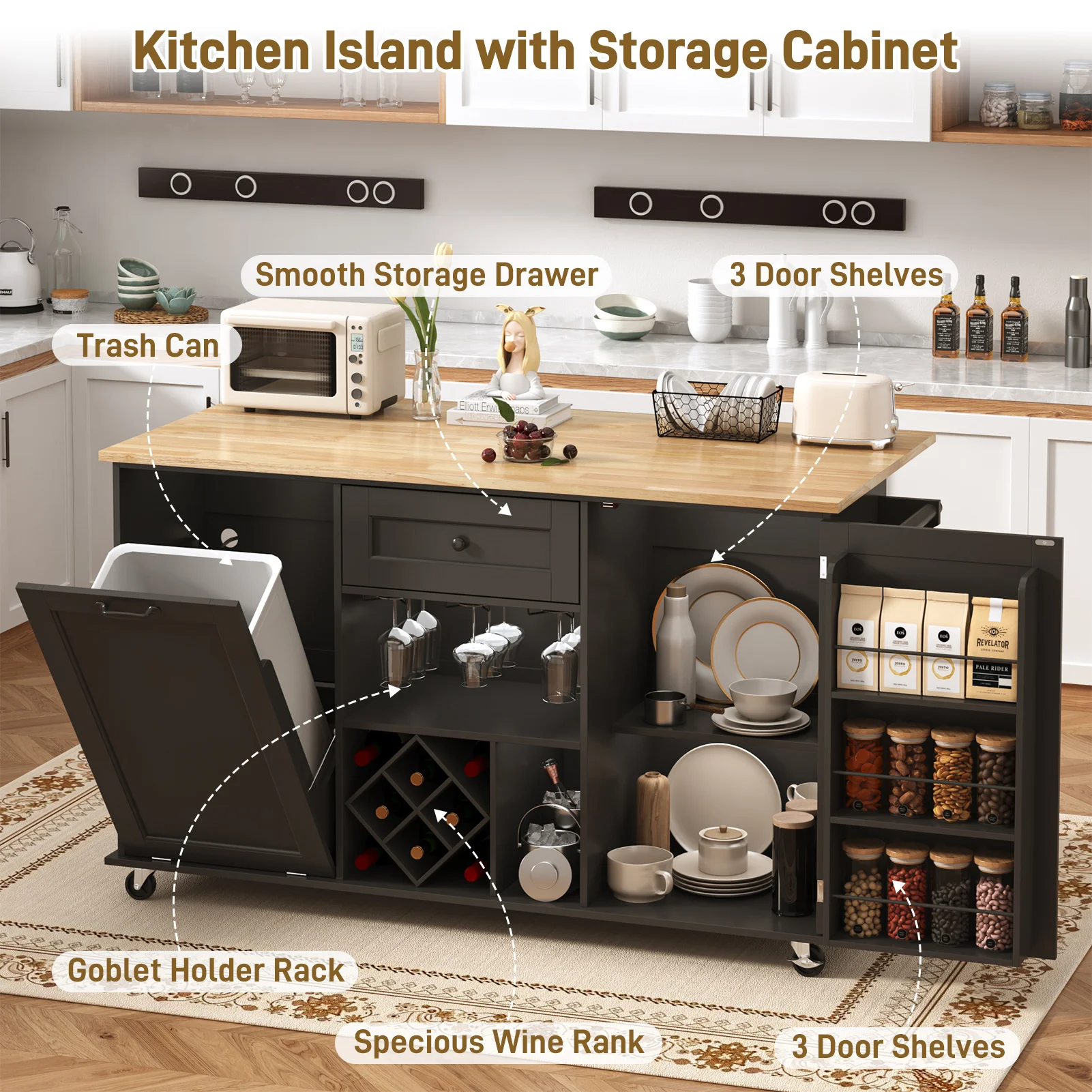 جزيرة مطبخ مقاس 59 بوصة على عجلات، عربة جزيرة مطبخ دوارة مع سطح طاولة من أوراق الشجر، جزيرة مطبخ متنقلة محمولة #4