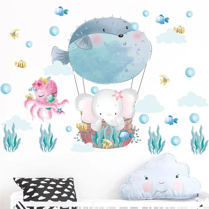 Cartoon Elephant Fish Balloon Bubble Wall Stickers For Kids Room Bathroom Decor Animal Mural Art Diy Home Decal Pvc Poster