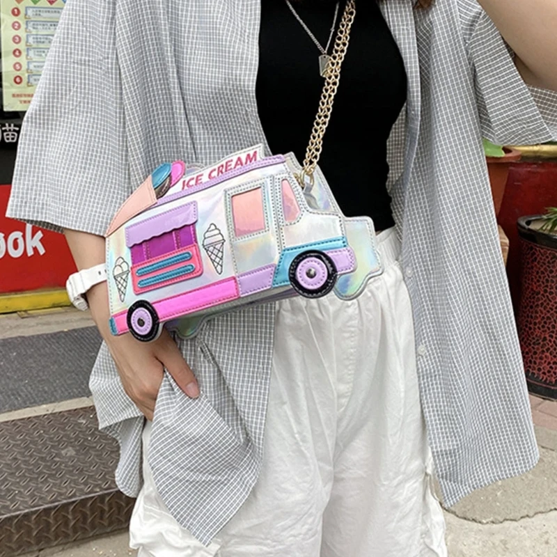 Bolso mano cuero PU con forma coche helado dibujos animados para mujer y niña, bandolera mensajero, bolso