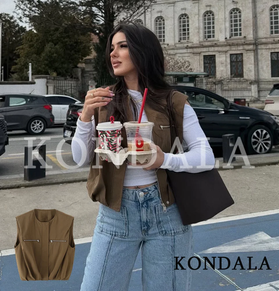 KONDALA Women Vintage Casual Zipper Vest Spring Summer Trendy High Street Vest New 2026 Fashion Ladies Sleeveless Balloon Vest